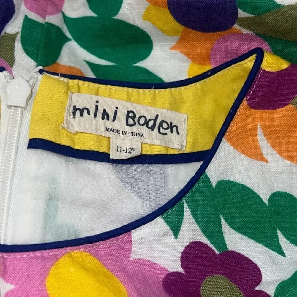 Mini Boden Girls A-Line Shift Dress Floral Retro Print Linen Blend Sz 11-12